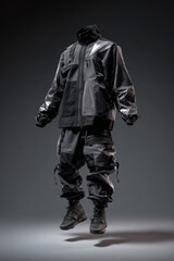 Floating folded techwear jacket and matching tactical pants set, color: dark chrome gray with glossy side panels isolated on gradient black to steel backdrop