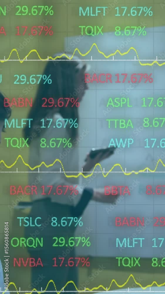 Poster animation of financial data processing over diverse colleagues discussing at office