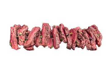 BBQ Grilled Flank beef steak, sliced meat with herbs isolated on white background. top view