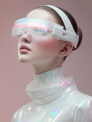 A girl, dressed in white laser-reflective fabric clothing, wearing holographic interface network glasses with a headband strap, with her head slightly tilted upwards, 