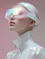 A girl, dressed in white laser-reflective fabric clothing, wearing holographic interface network glasses with a headband strap, with her head slightly tilted upwards