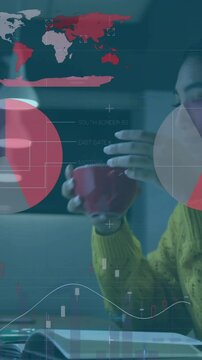 Animation of charts processing data over businesswoman working late at office