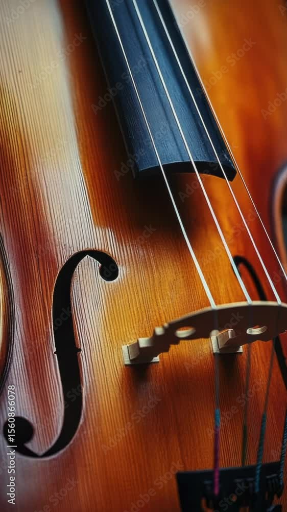 Poster a detailed view of a violin's body and strings