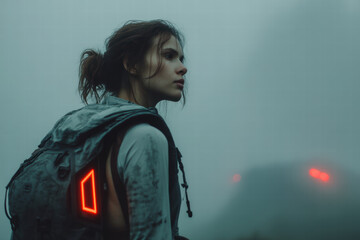 Urban explorer techwear jacket with thermal lining and solar-powered battery pack, shown outdoors in a foggy city environment with backlit mist effects