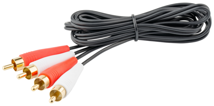 RCA stereo audio cable. 2RCA cord male to male connector. RCA stereo audio cable for electronics, tv, computer, microphone, dvd, sound bar, speaker system, home theater. Isolated background.