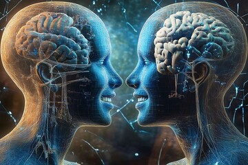 Dois humanos estilo matrix, frente a frente sorrindo, conectando-se por ondas cerebrais, neurônios.


