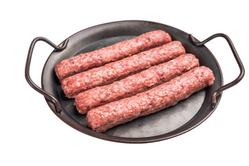 Fresh minced beef and lamb kebabs with fresh spices, arabic kofta kofte kebab isolated on white background. top view
