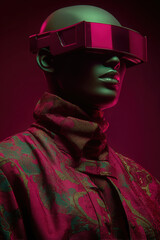 black abstract onyx mannequin face with neon magenta cyberpunk visor shades and a popped collar cyber inspired 