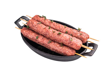 Raw shish kebab, arabic kofta kofte kebab from mince lamb and beef meat on Skewer  isolated on...