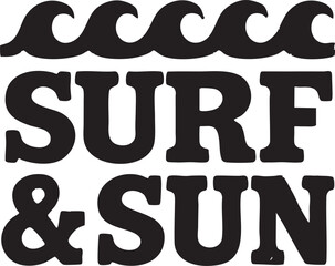 Bold Black and White Graphic Design Featuring Stylized Waves and the Text Surf Sun in a Chunky Font