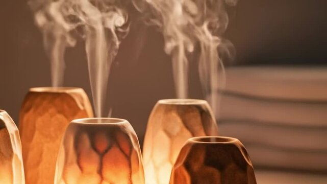 Close up of several aroma diffusers with smoke rising in a warm light setting indoors display shot