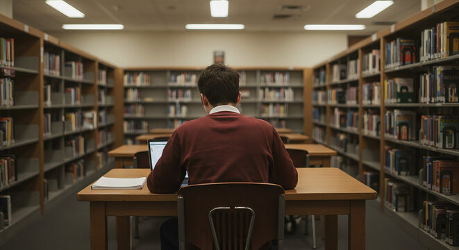 Student working in library, back view, focused academic environment.