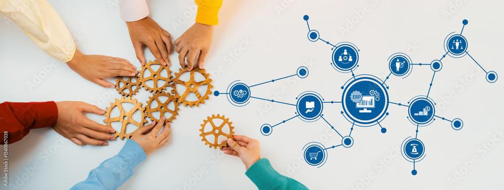 Poster a dynamic representation of teamwork and business strategy, showcasing hands assembling gears alongs