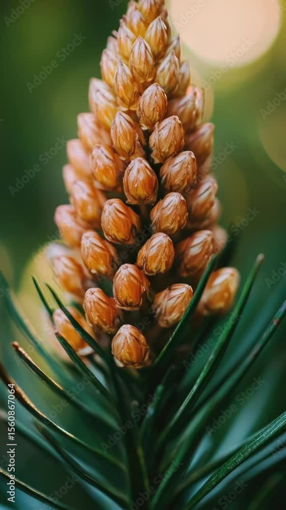 Poster a detailed view of a pine cone nestled in the branches of a tree