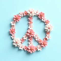 Obraz premium Delicate paper flowers in shades of pink and white artfully arranged to form the iconic peace symbol on a soft blue background