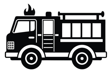 Black and White Graphic of Fire Truck with Ladder and Flame Detail