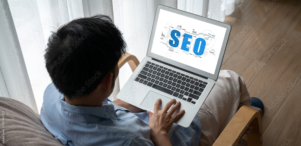 Poster seo search engine optimization for modish e-commerce and online retail business showing on computer 