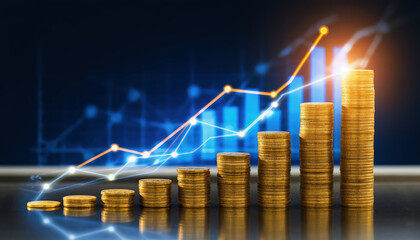 Stacks of gold coins rise alongside a glowing financial graph, symbolizing economic growth and investment success.