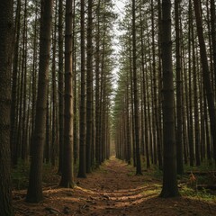 Fototapeta premium Sunlit Path Through a Dense Pine Forest