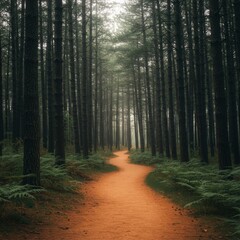 Naklejka premium Misty Forest Path with Orange Trail and Green Ferns