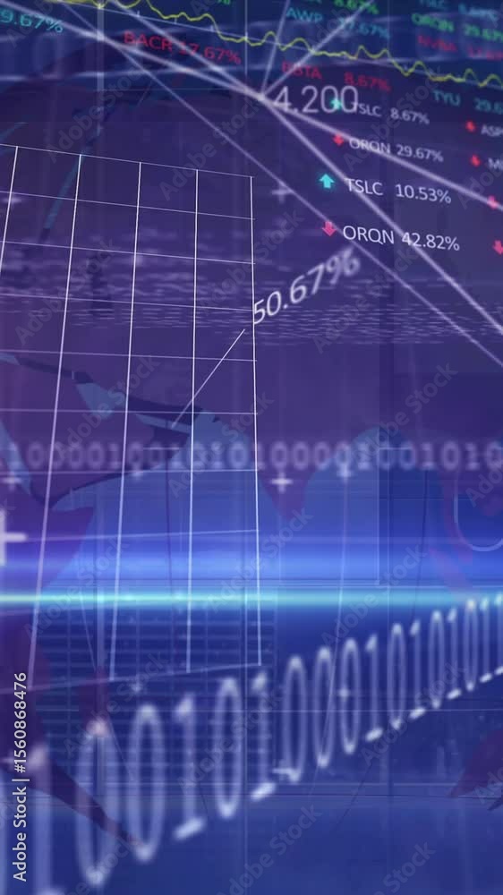 Poster animation of financial data and graphs over globe rotating on blue background