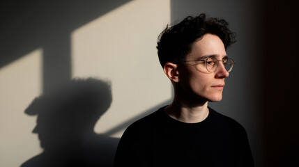 portrait of person wearing protective glasses displaying wary expression positioned in right corner of frame