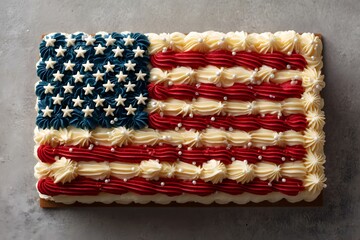 Top view of a rectangular cake decorated like the USA flag with blue icing, white fondant stars, and red and white frosting stripes. Festive dessert for July Fourth celebration.