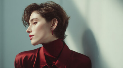 portrait of fashion model positioned on left side of frame hands out of view exuding stylish emotion
