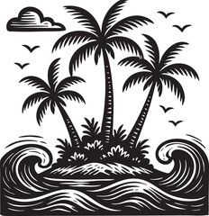 Black and White Tropical Island Illustration with Palm Trees Birds Cloud and Waves in a Graphic Style