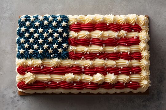 Top view of a rectangular cake decorated like the USA flag with blue icing, white fondant stars, and red and white frosting stripes. Festive dessert for July Fourth celebration.