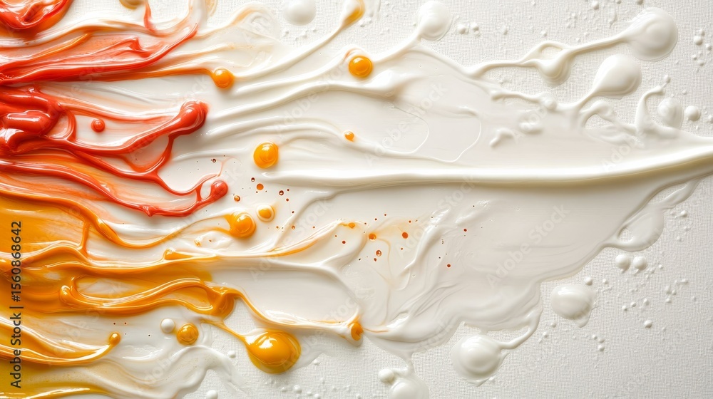 Poster Vibrant splash of multicolored ink spreading across white surface with dynamic droplets and textured flow, capturing creative energy and motion.
