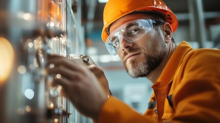 Electrical technician working on industrial control panel in manufacturing facility during daytime