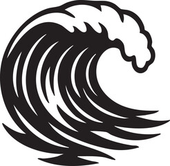Stylized Black and White Wave Illustration with Curving Lines and Foamy Crest Isolated on a White Background