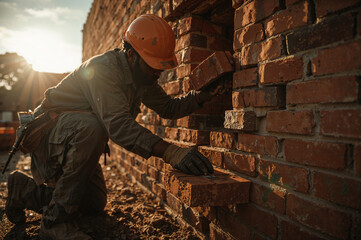 Skilled construction worker laying bricks and building a wall with precision, wearing a hard hat at a construction site.