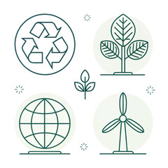Set of minimalistic green ecological icons with sustainability symbols
