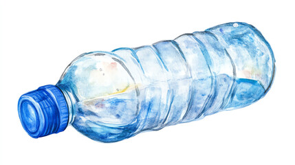 a pet water bottle with dispenser clipart, animal care item, cartoon watercolor style, clear and blue cap, isolated on white background