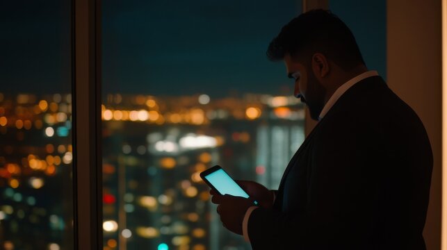 Young businessman in dark jacket using smartphone by night window with colorful city lights glow, digital connection, modern technology, urban night scene. - Powered by Adobe