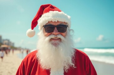 Senior man dressed as Santa Claus smiling at the camera while wearing sunglasses on a sunny beach with blue ocean and people in the background