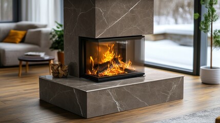 Modern fireplace, warm flames, stone surround