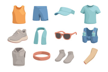 Colorful athletic gear collection with shoes, shirts, hats, and accessories