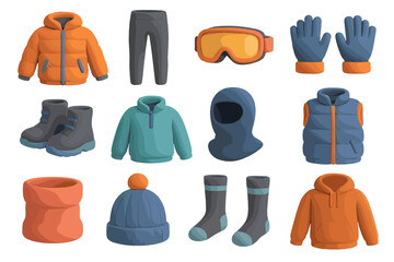 Winter clothing set with jackets, gloves, boots, hat, scarf, goggles