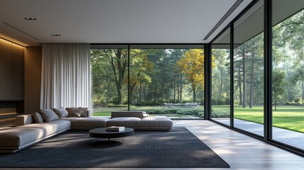 Modern living room with large windows overlooking a park