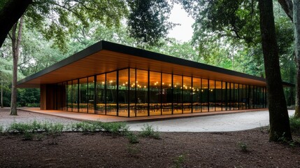 Fototapeta premium Modern singlestory wooden house with expansive glass walls nestled among lush trees, blending contemporary design with natural surroundings and reflecting the forest in its floortoceiling windows.