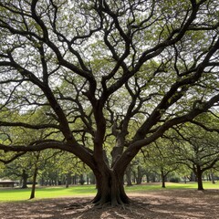 Fototapeta premium Majestic Old Tree with Wide Spreading Branches in a Sunny Park