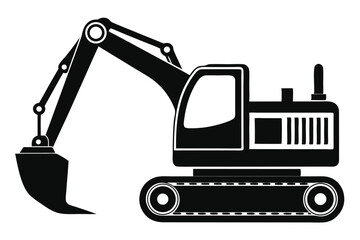 Black and White Excavator Illustration Featuring Treaded Tracks and Bucket Arm Detail