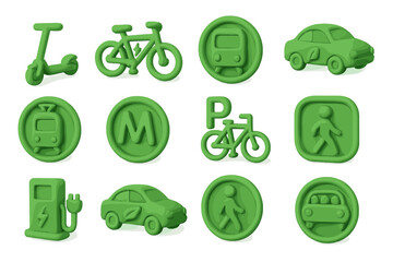 Green transportation icons: bike, car, bus, scooter, and more
