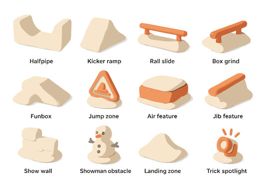Snowboard obstacle icons including halfpipe, kicker ramp, rail, and funbox