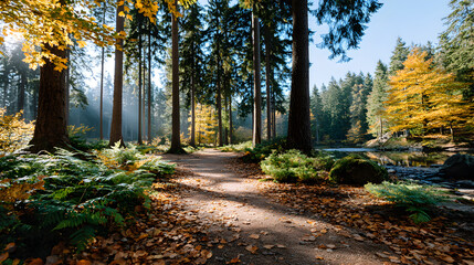 Golden sunlight filtering through autumn forest, casting warm glow on leaf-covered riverside path, highlighting seasonal tranquility and natural landscape
