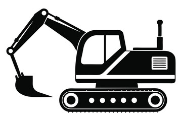 Black Silhouette Illustration of Excavator Machinery Construction Vehicle With Extended Arm and Bucket