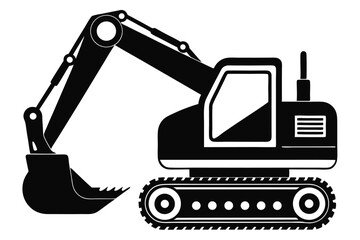 Black Vector Excavator Silhouette with Detailed Tracks and Arm Illustration, Construction Vehicle Art